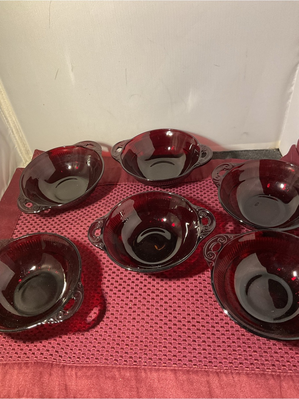 Elegant Ruby Red Glass Berry Bowls Serving Bowl Set with Loop Handles - Set of 6